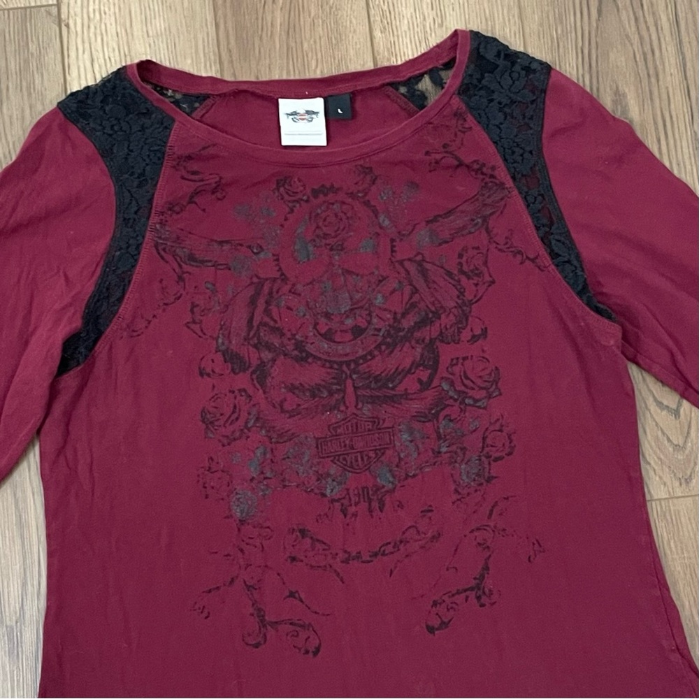 Harley-Davidson Burgundy‎ Lace Women’s Long Sleeve Fitted Shirt